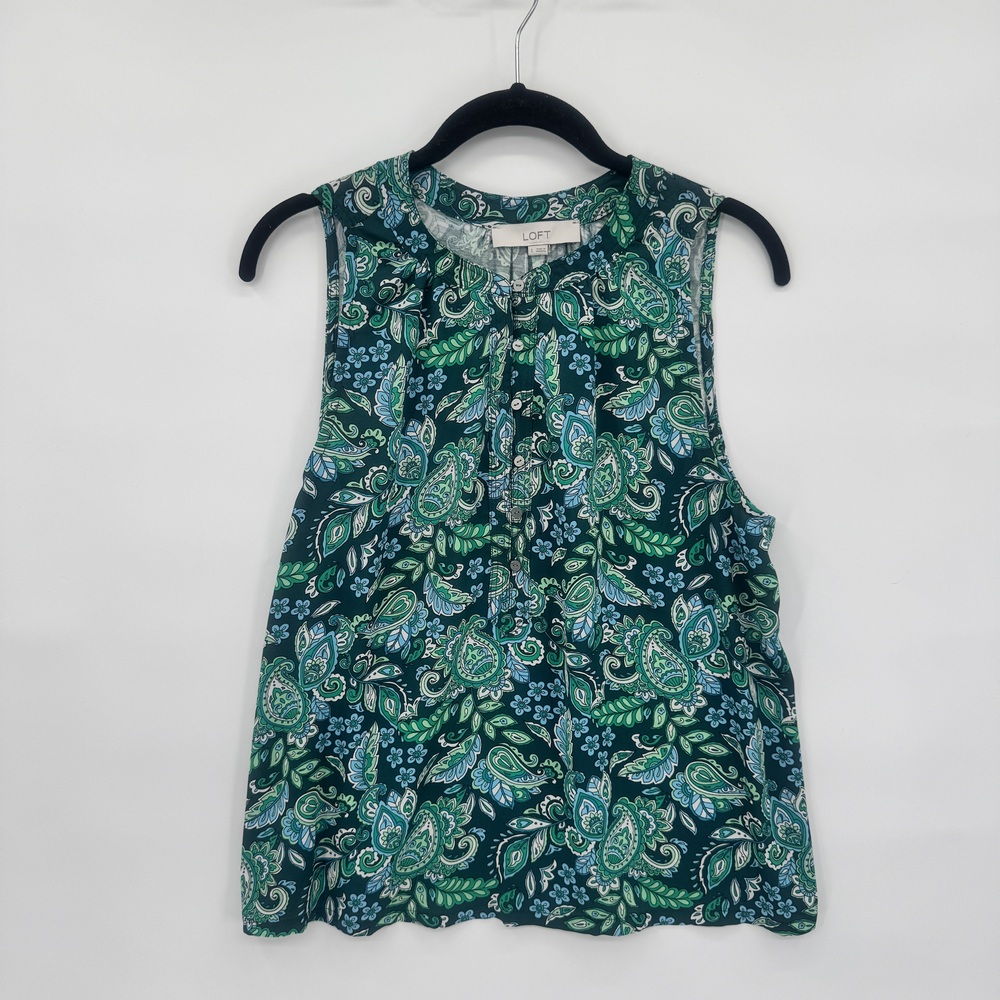 LOFT Paisley Mixed Media Button Front Sleeveless Tank Top Green Blue Size L
